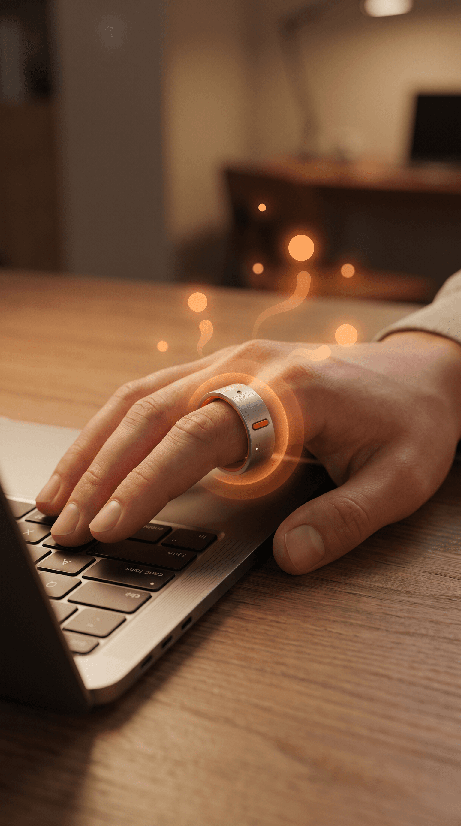 A hand resting near a laptop, wearing the Rhyme Devices R1 ring, with soft warm glowing dots drifting upward from it